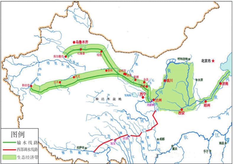 圖2 南水北調(diào)西線(xiàn)工程線(xiàn)路圖（輸水線(xiàn)路西部調(diào)水線(xiàn)路生態(tài)經(jīng)濟(jì)帶示意圖）.jpg