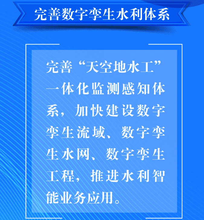 四、要完善數(shù)字孿生水利體系。完善“天空地水工”一體化監(jiān)測感知體系，加快建設(shè)數(shù)字孿生流域、數(shù)字孿生水網(wǎng)、數(shù)字孿生工程，推進水利智能業(yè)務(wù)應(yīng)用。.png