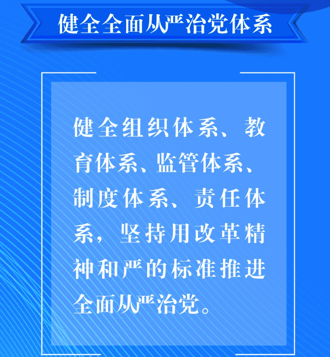 八、要健全全面從嚴治黨體系。健全組織體系、教育體系、監(jiān)管體系、制度體系、責(zé)任體系，堅持用改革精神和嚴的標(biāo)準推進全面從嚴治黨。.png